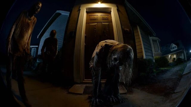 Zombies caught on security camera. Invasion, horror movie, halloween, trick or treat. Wide angle view.