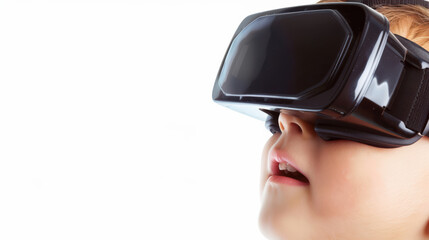 child wearing virtual reality goggles, immersed in digital experience, showcasing curiosity and wonder