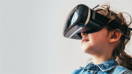 young girl wearing virtual reality headset, experiencing immersive technology with excitement and curiosity. Her joyful expression reflects wonder of VR