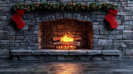 Obraz premium Cozy Christmas Fireplace with Stone Mantel and Stocking