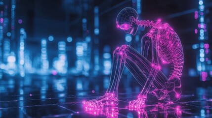 Obraz premium Advanced medical scan of a human skeleton, a neon-lit knee injury surrounded by glowing holographic joint stabilizers in a sleek, tech-driven future world
