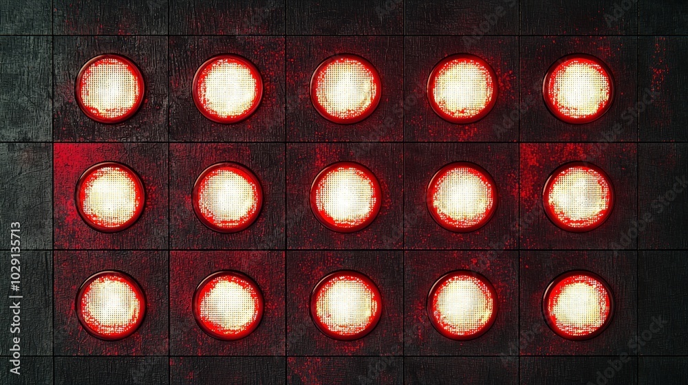 Poster a grid of bright red circular lights is mounted on a dark wooden backdrop, casting a striking and bo