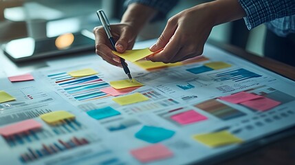 Hands rearranging sticky notes on a printed business document, bright yellow and pink notes popping against the detailed strategy plan, soft light illuminating the clean desk surface. --ar 16:9