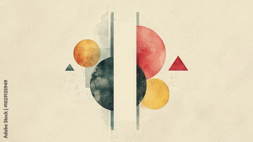 Poster Bold geometric shapes in vibrant colors interact against a subtle backdrop, creating a striking visual composition that emphasizes modern artistic expression