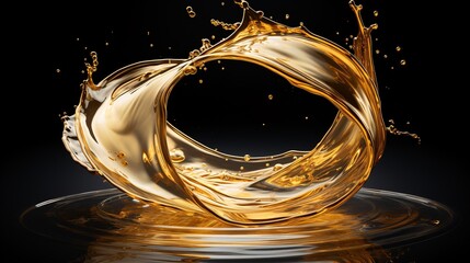 Golden oily liquid creating a splash circle on a black background
