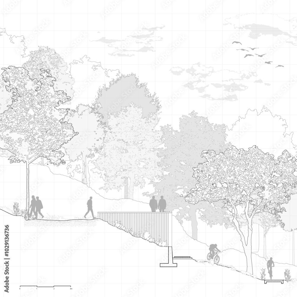 Poster architectural drawings, minimal style cad tree line drawing, side view, set of section mountian fore