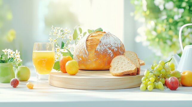 A bread display on a French-style dining table, with a wooden cutting board and fresh fruit, highlighting health-conscious bread-baking techniques.