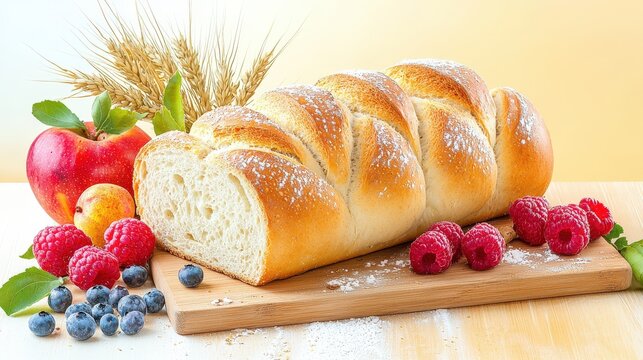A bread display on a French-style dining table, with a wooden cutting board and fresh fruit, highlighting health-conscious bread-baking techniques.