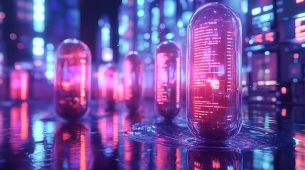 Fototapeta premium Capsules with liquid surfaces, rippling gently under a soft neon light, as if floating on water, surrounded by digital holographic readouts in a serene, futuristic setting