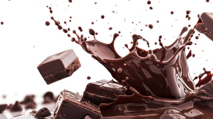 Fototapeta premium Chocolate pieces with chocolate splash isolated on white background.