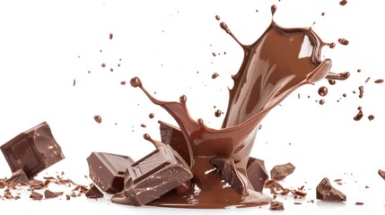 Chocolate pieces with chocolate splash isolated on white background.