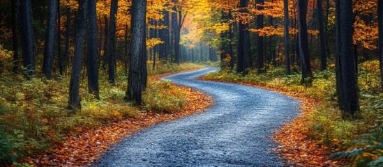 Obraz premium A winding road leads through an autumn forest, the trees displaying vibrant hues of yellow and orange. The path is lined with fallen leaves, creating a picturesque scene.