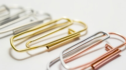 Paper clips in various metallic colors arranged neatly on white background, showcasing their sleek design and functionality. shiny surfaces reflect light, adding touch of elegance to everyday office