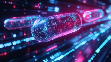 Fototapeta premium Capsules with reflective iridescent surfaces, hovering above a holographic grid emitting vibrant blues and purples, surrounded by data projections. Futuristic, Neon, Digital