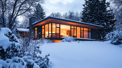 A modern house with large windows half-buried in snow the light from inside contrasting sharply with the cold snowy exterior.
