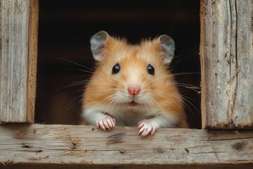 Obraz premium The small hamster pokes its head out from between wooden slats, its vibrant fur glistening in the light as it curiously explores its surroundings