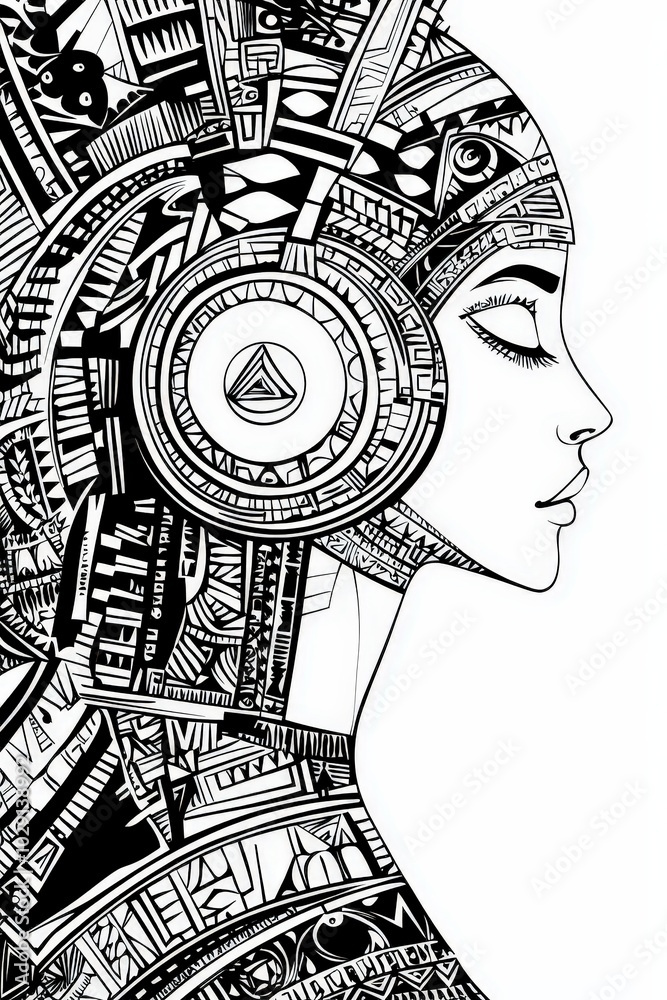 Aufkleber this artwork features a woman in profile with headphones, surrounded by elaborate geometric shapes a