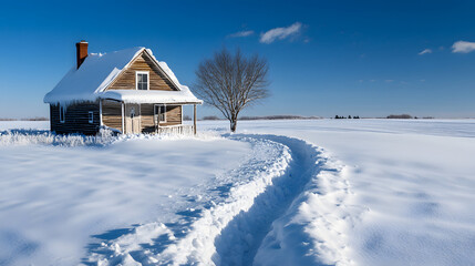 A rustic farmhouse nearly submerged in snow with a long path shoveled from the front porch to the barn and snow-covered fields stretching out into the distance.