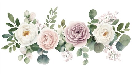 Wreath design silver sage green and blush pink flowers. Dusty rose, white carnation, mauve rose, ranunculus, eucalyptus, greenery. Wedding bouquets. Watercolor.