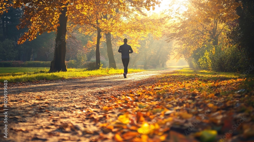 Poster A runner enjoys an invigorating jog on a serene path blanketed with fallen leaves. The warm light of sunset creates a beautiful atmosphere amidst the colorful autumn trees.
