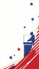 This graphic illustrates a voting booth with a silhouette of a voter, complemented by red, white, and blue elements that celebrate American Election Day