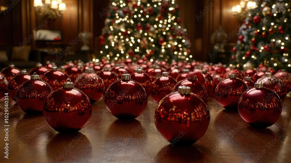 Poster A multitude of shimmering red ornaments lies on a polished wooden surface, surrounded by beautifully lit Christmas trees in an elegant setting