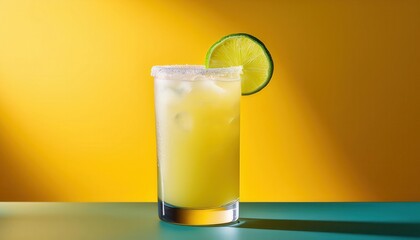 Bright Citrus Margarita with Salt Rim and Lime Garnish on Bold Yellow Background. Perfect for Summer Cocktails, Happy Hour Promotions, or Tropical Party Themes