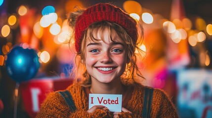 A young voter joyfully displays a sticker that reads I Voted, surrounded by festive decorations on Election Day. Her excitement reflects the spirit of civic engagement