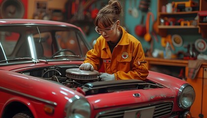 Mechanic working under car hood surrounded by tools.