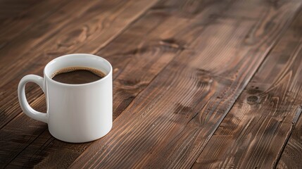 Coffee mug on dark wooden table. Copy space