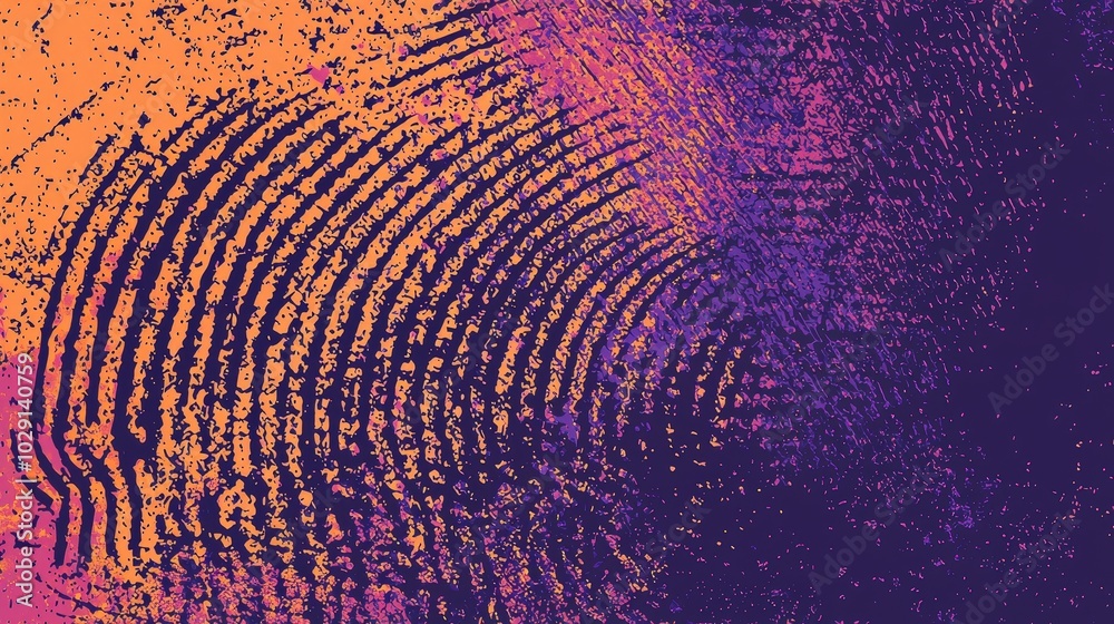 Poster A vibrant blend of orange and purple showcases an abstract fingerprint pattern, creating a striking visual with radiating lines and textured surfaces