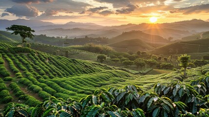 Fototapeta premium Coffee plantation hills at sunset time, beautiful landscape background