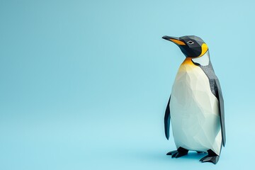 Fototapeta premium Origami penguin on a blue background, showcasing detailed craftsmanship.