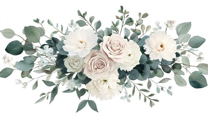 Wreath design silver sage green and blush pink flowers. Dusty rose, white carnation, mauve rose, ranunculus, eucalyptus, greenery. Wedding bouquets. Watercolor.