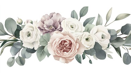 Wreath design silver sage green and blush pink flowers. Dusty rose, white carnation, mauve rose, ranunculus, eucalyptus, greenery. Wedding bouquets. Watercolor.