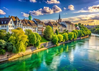 Obraz premium Scenic Basel Rhine River Waterfront: Lush Greenery and Urban Charm