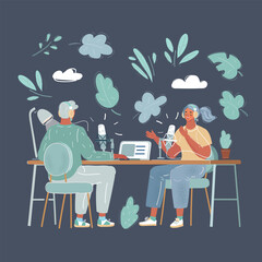 Cartoon vector illustration of Young man interviewing a woman in a radio studio. Podcast, broadcast blogger concept on dark background.