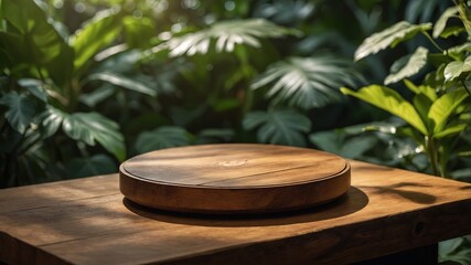 Obraz premium Empty Wooden Platform with Tropical Plants Background for Product Advertisement