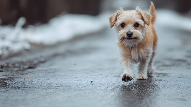 A small dog walking gingerly on an icy road with its paws slipping on the frozen surface.