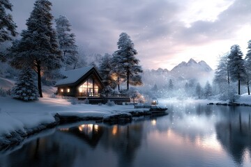 Obraz premium cozy cabin by a snowy lake at twilight with mountain views and soft snowfall reflecting on calm water
