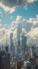 Futuristic cityscape with skyscrapers, 4K hyperrealistic photo