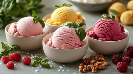 A delightful image of ice cream and sorbet scoops displayed in elegant bowls, paired with savory garnishes like basil, smoked sea salt, and roasted nuts.