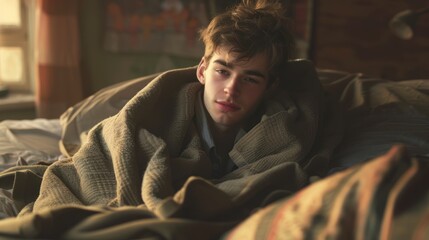 Obraz premium Young Man Resting Under a Blanket on a Bed