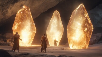 A group of people are walking through a cave with three large, glowing rocks in the background. Scene is mysterious and adventurous, as the group seems to be exploring a hidden or unknown place