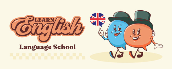 Vector English Talk Language Learning Group of British Gentleman Characters in Hats Illustration Banner. Groovy Cartoon Speech Bubbles Conversation Chat Message London Speak Personage Isolated