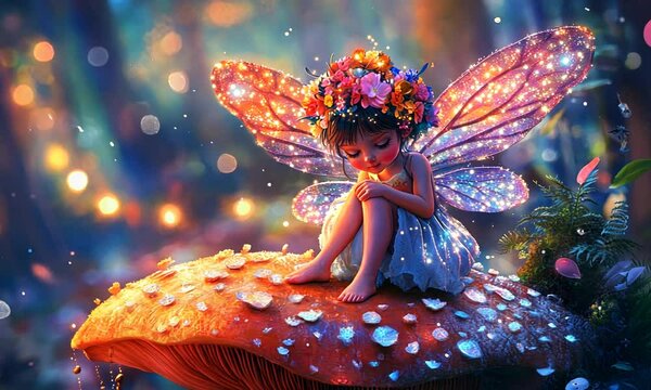 A tiny fairy with iridescent wings sits on a large mushroom, glowing with magical light in a forest setting.