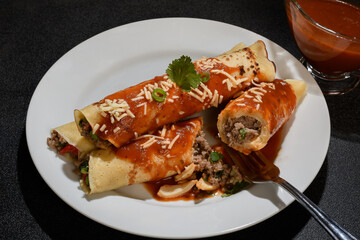 Meat pancake on a white plate with red sauce, dark background
