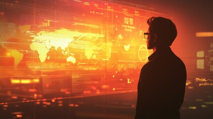 Silhouette of a manager overseeing logistics operations with virtual assistant tools, emphasizing the role of technology in modern transportation management