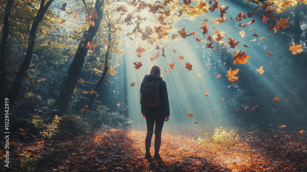Poster A person with a backpack stands on a trail in a forest as sunlight filters through the trees, casting beams on vibrant autumn leaves that gently fall around them, creating a serene atmosphere.