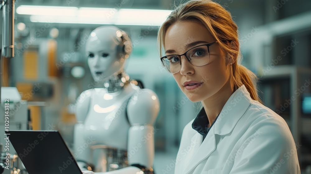 Poster a scientist wearing glasses and a lab coat focuses on her work with a laptop, while a humanoid robot